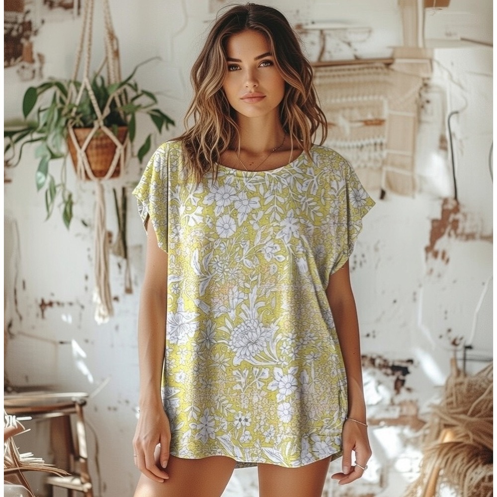 Rachel Ashwell Linen Shirt Womens Yellow White Floral Blouse Top Size Small